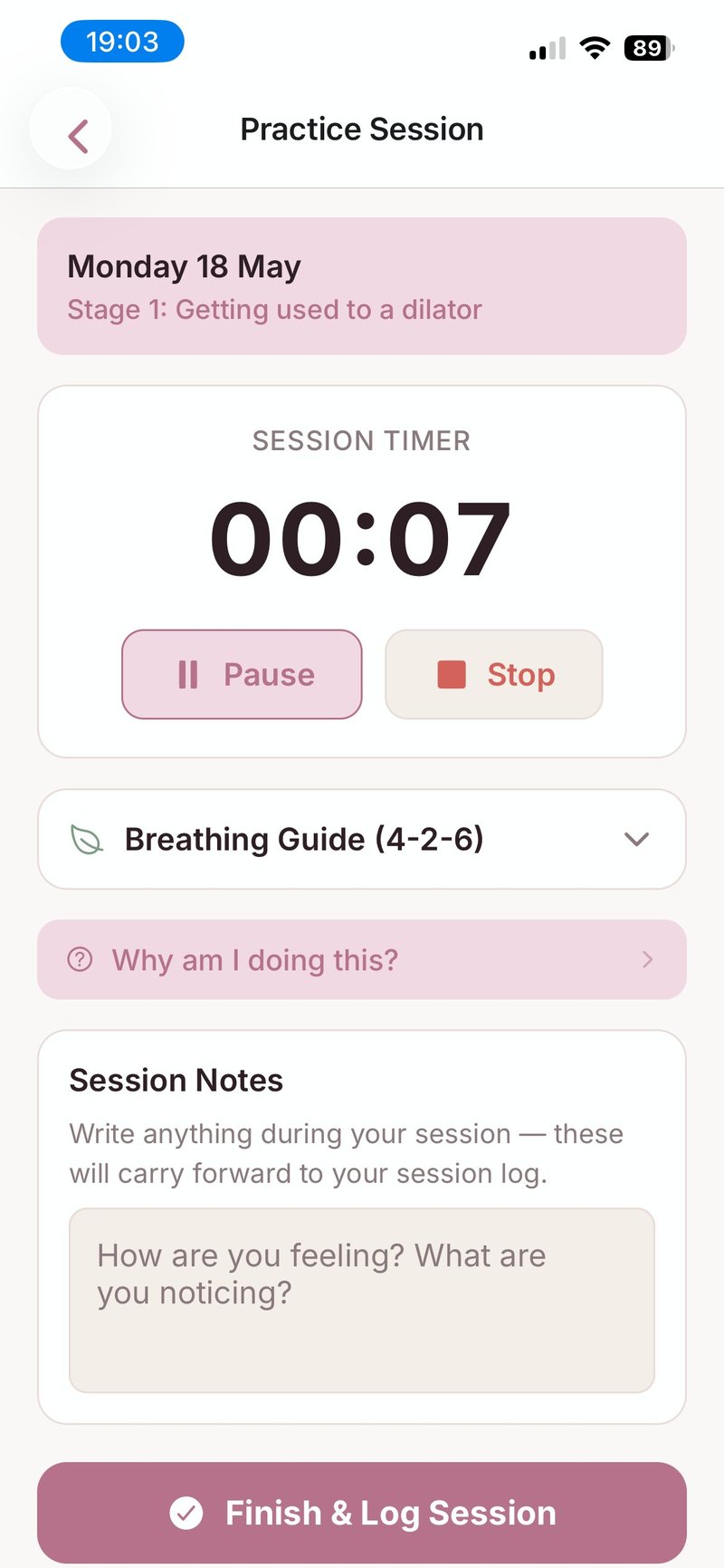 TVZ practice session screen with timer and breathing guide